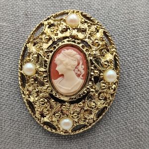 Ornate Gold-tone Cameo Brooch by M J ENT